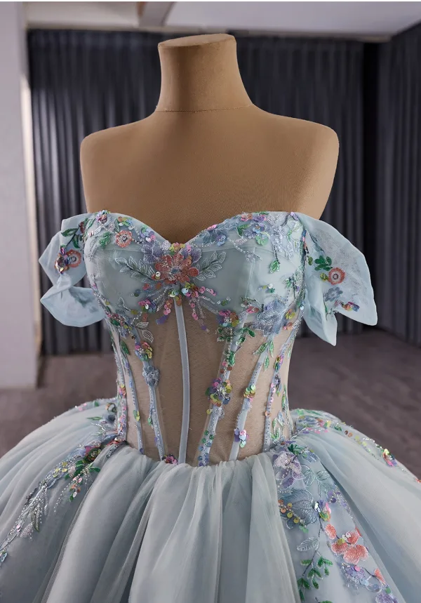 High-end Sky Blue Sequins Lace Flower Prom Dresses 2025 Ball Gown Off-The-Shoulder Short Sleeve Backless Court Train Formal Dresses