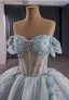 High-end Sky Blue Sequins Lace Flower Prom Dresses 2025 Ball Gown Off-The-Shoulder Short Sleeve Backless Court Train Formal Dresses