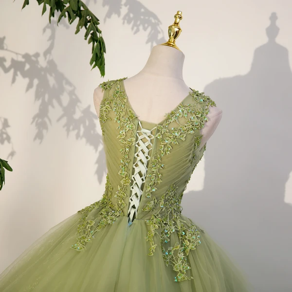 Elegant Sage Green Sequins Lace Flower Prom Dresses 2023 Ball Gown Scoop Neck Sleeveless Backless Floor-Length / Long Prom Formal Dresses