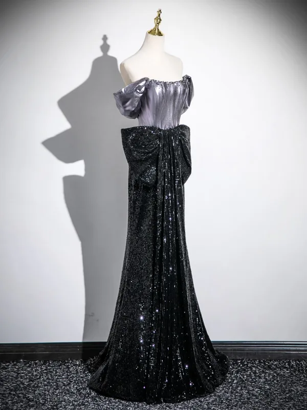 Sexy Black Sequins Bow Prom Dresses Evening Dresses 2025 Trumpet / Mermaid Off-The-Shoulder Short Sleeve Backless Floor-Length / Long Evening Party Formal Dresses