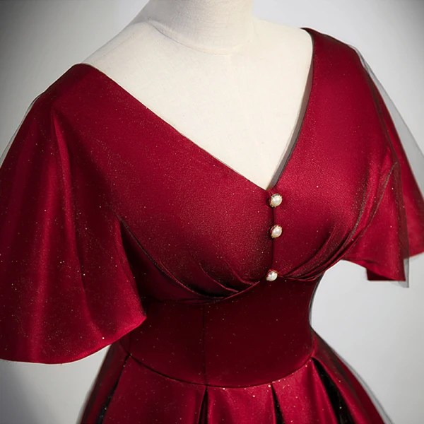 Elegant Burgundy Satin Prom Dresses 2023 A-Line / Princess V-Neck Short Sleeve Backless Floor-Length / Long Prom Formal Dresses