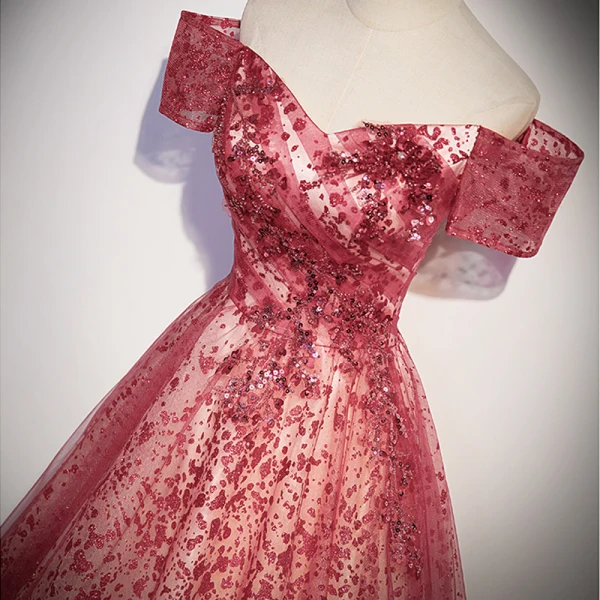 Elegant Red Glitter Sequins Prom Dresses 2022 A-Line / Princess Off-The-Shoulder Short Sleeve Backless Floor-Length / Long Formal Dresses