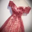 Elegant Red Glitter Sequins Prom Dresses 2022 A-Line / Princess Off-The-Shoulder Short Sleeve Backless Floor-Length / Long Formal Dresses