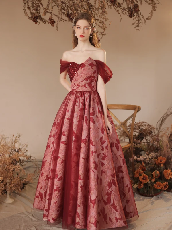 Chic / Beautiful Burgundy Sequins Printing Prom Dresses 2023 A-Line / Princess Off-The-Shoulder Short Sleeve Backless Floor-Length / Long Formal Dresses