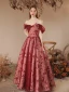Chic / Beautiful Burgundy Sequins Printing Prom Dresses 2023 A-Line / Princess Off-The-Shoulder Short Sleeve Backless Floor-Length / Long Formal Dresses