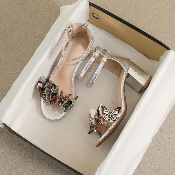 Chic / Belle Argenté Papillon Promo Sandales Femme 2023 Bride Cheville 7 cm Talons Épais Peep Toes / Bout Ouvert Sandales Talons Hauts