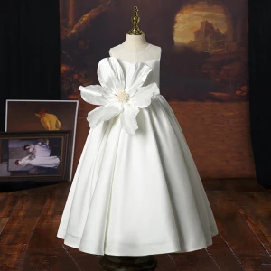 Chic Belle Blanche Anniversaire Appliques Robe Ceremonie Fille 2023 Princesse Encolure Dégagée Sans Manches Dos Nu Longue