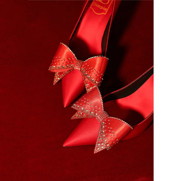 Fashion Ivory Rhinestone Bow Wedding Shoes 2023 Leather 8 cm Stiletto Heels Pointed Toe Wedding Pumps High Heels