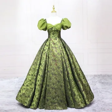 Élégant Vert Cendré Impression Robe De Bal 2025 Robe Boule Encolure Carrée Gonflée Manches Courtes Dos Nu Longue Promo Robe De Ceremonie