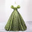 Elegant Sage Green Printing Prom Dresses 2025 Ball Gown Square Neckline Puffy Short Sleeve Backless Floor-Length / Long Prom Formal Dresses