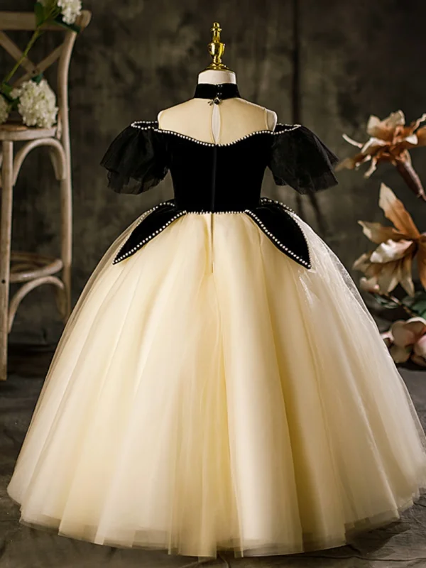 Fashion Black Pearl Flower Birthday Flower Girl Dresses 2023 Ball Gown High Neck Short Sleeve Floor-Length / Long