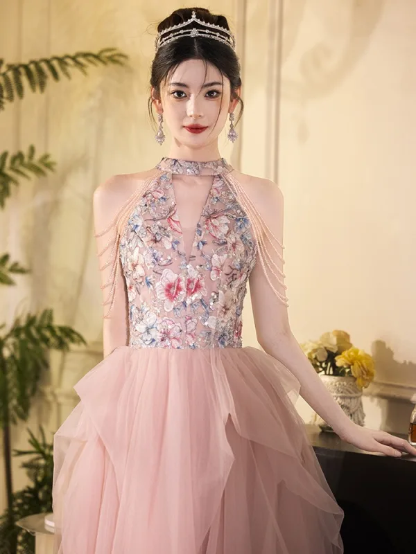 Chic / Beautiful Blushing Pink Beading Cascading Ruffles Printing Prom Dresses 2025 A-Line / Princess High Neck Sleeveless Backless Floor-Length / Long Tulle Formal Dresses