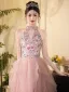 Chic / Beautiful Blushing Pink Beading Cascading Ruffles Printing Prom Dresses 2025 A-Line / Princess High Neck Sleeveless Backless Floor-Length / Long Tulle Formal Dresses