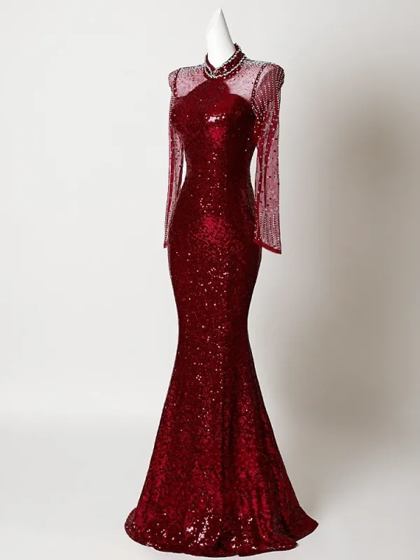 Sparkly Sexy Burgundy Sequins Rhinestone Evening Dresses 2026 Trumpet / Mermaid High Neck Long Sleeve Floor-Length / Long Formal Dresses