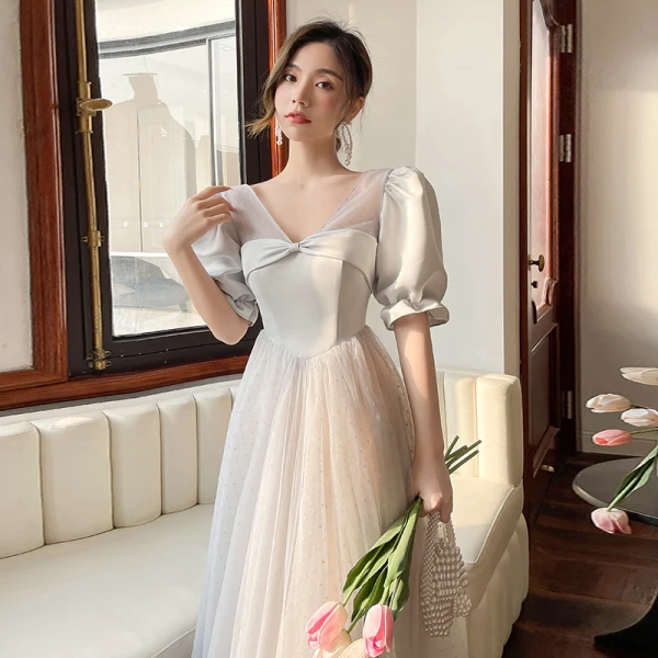 Modest / Simple Grey Spotted Bridesmaid Dresses 2022 A-Line / Princess Puffy Short Sleeve Backless Floor-Length / Long Bridesmaid Formal Dresses Bridesmaid Dresses