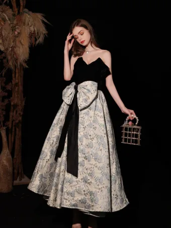 Charmant Noire Floral Robe De Soirée 2022 Princesse Bustier Sans Manches Noeud Dos Nu Longue Soirée Robe De Ceremonie