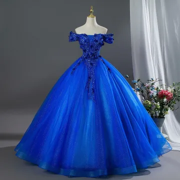 Vintage Originale Bleu Roi Perlage Appliques Robe De Bal 2026 Robe Boule De L Épaule Manches Courtes Dos Nu Longue Robe De Ceremonie