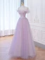 Charming Lavender Beading Pearl Sequins Evening Dresses 2023 A-Line / Princess Off-The-Shoulder Sleeveless Backless Floor-Length / Long Evening Party Formal Dresses