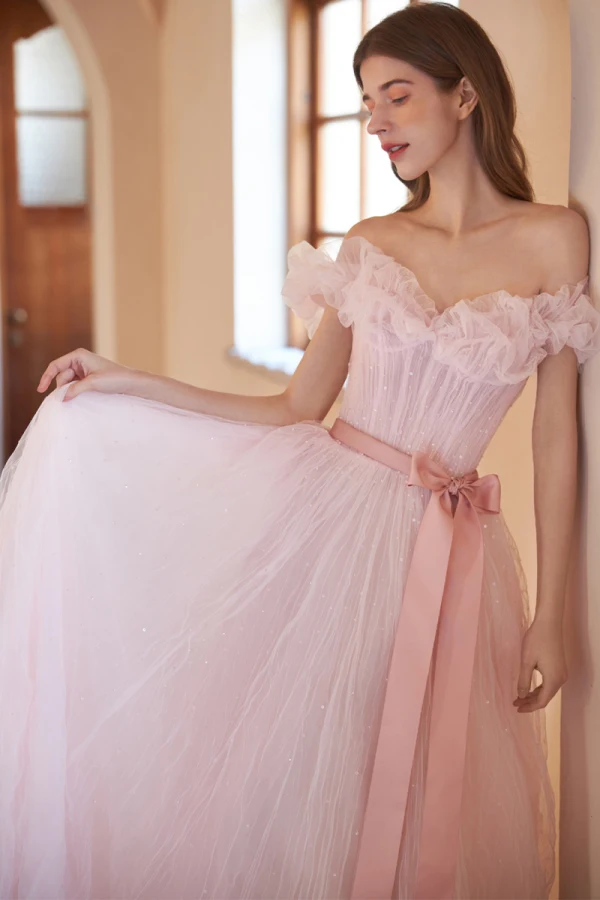 Lovely Blushing Pink Pleated Prom Dresses 2023 A-Line / Princess Off-The-Shoulder Sleeveless Bow Sash Backless Floor-Length / Long Prom Formal Dresses