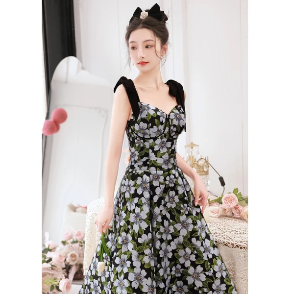 Chic / Beautiful Black Printing Homecoming Graduation Dresses 2023 A-Line / Princess Spaghetti Straps Bow Sleeveless Backless Floor-Length / Long Formal Dresses
