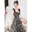 Chic / Beautiful Black Printing Homecoming Graduation Dresses 2023 A-Line / Princess Spaghetti Straps Bow Sleeveless Backless Floor-Length / Long Formal Dresses