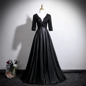 Vintage Retro Black Sequins Prom Dresses 2025 Ball Gown V Neck 3 4 Sleeve Backless Floor Length Long Formal Dresses
