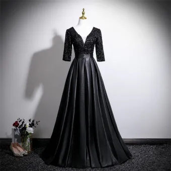 Vintage Originale Noire Paillettes Robe De Bal 2025 Robe Boule V Cou 3 4 Manches Dos Nu Longue Robe De Ceremonie