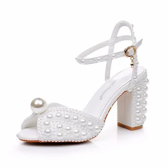 Elegant White Pearl Wedding Shoes 2024 Wedding Ankle Strap 9 Cm Thick Heels Open Peep Toe Sandals High Heels