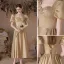 Modest / Simple Champagne Gold Satin Prom Dresses 2022 A-Line / Princess Square Neckline Pearl Puffy Short Sleeve Backless Floor-Length / Long Formal Dresses