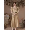 Modest / Simple Champagne Gold Satin Prom Dresses 2022 A-Line / Princess Square Neckline Pearl Puffy Short Sleeve Backless Floor-Length / Long Formal Dresses