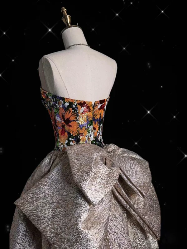 Vintage / Retro Unusual Gold Printing Sequins Prom Dresses 2024 A-Line / Princess Strapless Sleeveless Backless Bow Floor-Length / Long Prom Formal Dresses