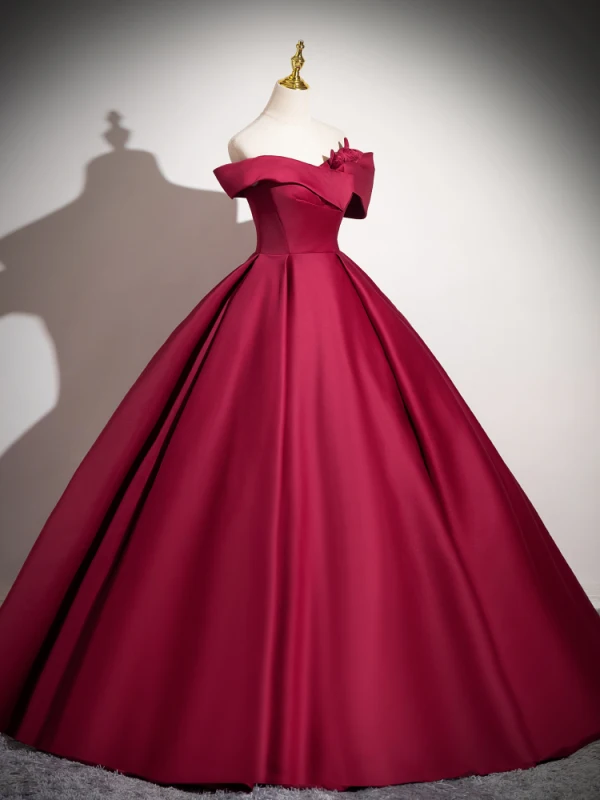 Vintage / Retro Burgundy Satin Prom Dresses 2024 Ball Gown Off-The-Shoulder Sleeveless Backless Floor-Length / Long Prom Formal Dresses
