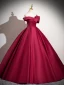 Vintage / Retro Burgundy Satin Prom Dresses 2024 Ball Gown Off-The-Shoulder Sleeveless Backless Floor-Length / Long Prom Formal Dresses