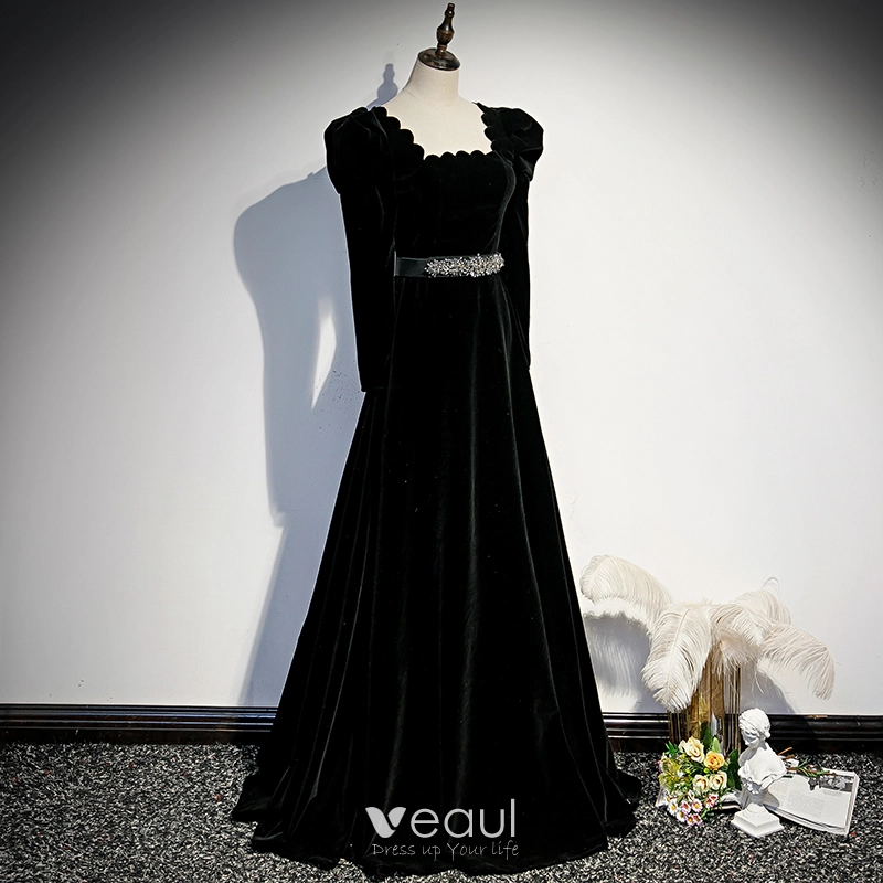 Elegant Black Winter Suede Evening Dresses 2023 A-Line / Princess Square Neckline Backless Rhinestone Sash Long Sleeve Floor-Length / Long Evening Party Formal Dresses Elegant Black Winter Suede Evening Dresses 2023 A-Line / Princess Square Neckline Backless Rhinestone Sash Long Sleeve Floor-Length / Long Evening Party Formal Dresses
