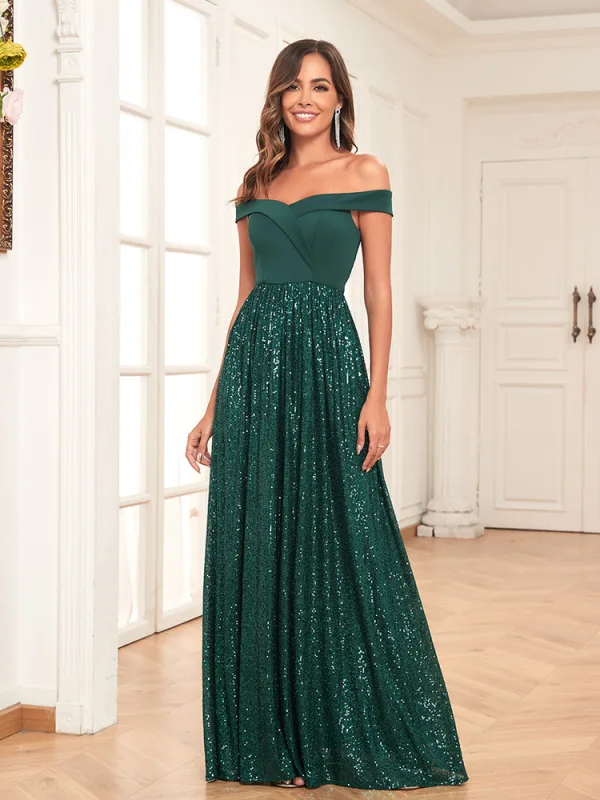 Bling Bling Dark Green Sequins Evening Dresses 2024 A-Line / Princess Off-The-Shoulder Sleeveless Backless Floor-Length / Long Evening Party Formal Dresses