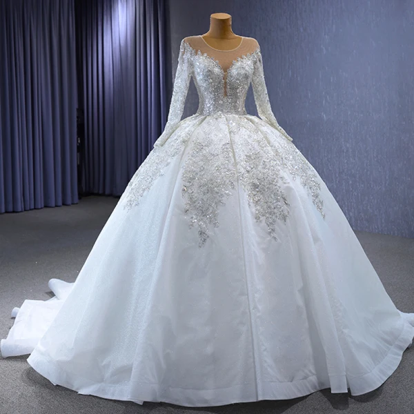 Luxury / Gorgeous White Handmade  Beading Rhinestone Pearl Sequins Wedding Dresses 2023 Ball Gown Scoop Neck Long Sleeve Backless Court Train Wedding