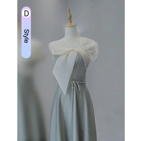 Modest / Simple Grey Bow Bridesmaid Dresses 2023 A-Line / Princess Off-The-Shoulder Short Sleeve Backless Pearl Sash Floor-Length / Long Prom Bridesmaid Dresses