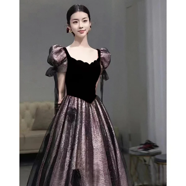 Elegant Burgundy Suede Prom Dresses 2023 A-Line / Princess Square Neckline Short Sleeve Backless Floor-Length / Long Prom Formal Dresses