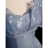Chic / Beautiful Sky Blue Butterfly Sequins Prom Dresses 2023 A-Line / Princess Square Neckline Pearl Short Sleeve Backless Floor-Length / Long Prom Formal Dresses