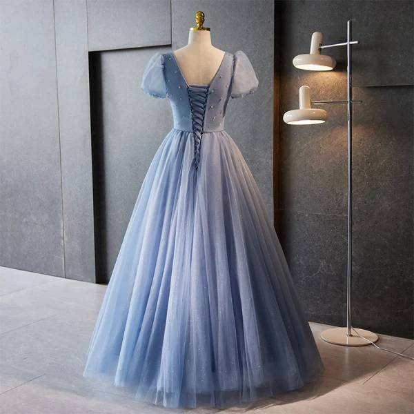 Chic / Beautiful Sky Blue Beading Rhinestone Prom Dresses 2023 A-Line / Princess V-Neck Puffy Short Sleeve Backless Floor-Length / Long Prom Formal Dresses