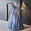 Chic / Beautiful Sky Blue Beading Rhinestone Prom Dresses 2023 A-Line / Princess V-Neck Puffy Short Sleeve Backless Floor-Length / Long Prom Formal Dresses