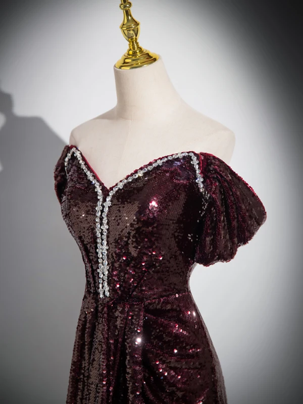Sparkly Vintage / Retro Burgundy Beading Sequins Prom Dresses 2024 A-Line / Princess Off-The-Shoulder Short Sleeve Backless Floor-Length / Long Prom Formal Dresses