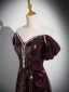 Sparkly Vintage / Retro Burgundy Beading Sequins Prom Dresses 2024 A-Line / Princess Off-The-Shoulder Short Sleeve Backless Floor-Length / Long Prom Formal Dresses