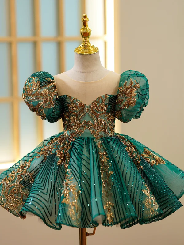 Scintillantes Vert Foncé Paillettes En Dentelle Courte Robe Ceremonie Fille 2022 Robe Boule Encolure Dégagée Gonflée Manches Courtes Promo Robe Ceremonie Fille