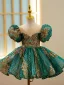 Scintillantes Vert Foncé Paillettes En Dentelle Courte Robe Ceremonie Fille 2022 Robe Boule Encolure Dégagée Gonflée Manches Courtes Promo Robe Ceremonie Fille