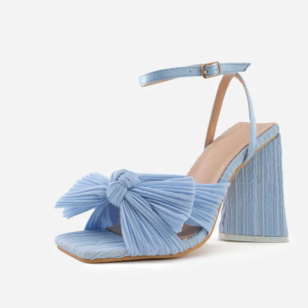 Vintage / Originale Bleu Ciel Vêtement de rue Sandales Femme 2022 Bride Cheville Noeud 10 cm Talons Épais Peep Toes / Bout Ouvert Sandales Talons Hauts