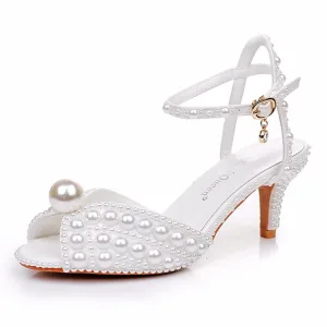 Chic Belle Blanche Perle Bride Cheville Chaussure De Mariée 2025 6 Cm Talons Aiguilles Peep Toes Bout Ouvert Mariage Sandales Talons Hauts