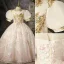 Charming Blushing Pink Beading Sequins Birthday Flower Girl Dresses 2022 Ball Gown High Neck Puffy Short Sleeve Floor-Length / Long Flower Girl Dresses