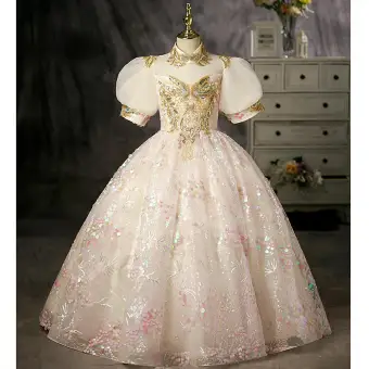 Charmant Rougissant Rose Perlage Paillettes Anniversaire Robe Ceremonie Fille 2022 Robe Boule Col Haut Gonflée Manches Courtes Longue Robe Ceremonie Fille