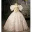Charming Blushing Pink Beading Sequins Birthday Flower Girl Dresses 2022 Ball Gown High Neck Puffy Short Sleeve Floor-Length / Long Flower Girl Dresses